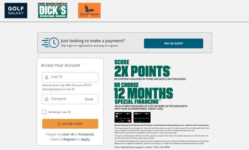 Dicks Sporting Goods Credit Card Login page